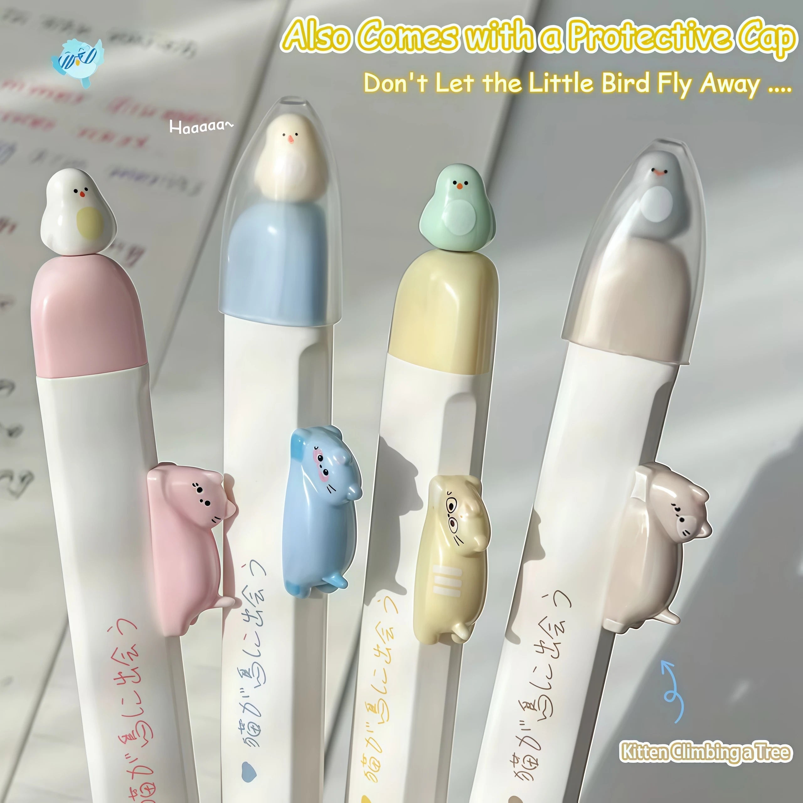 4pcs Cat and Bird Fun Animal Design Black Ink Gel Pens