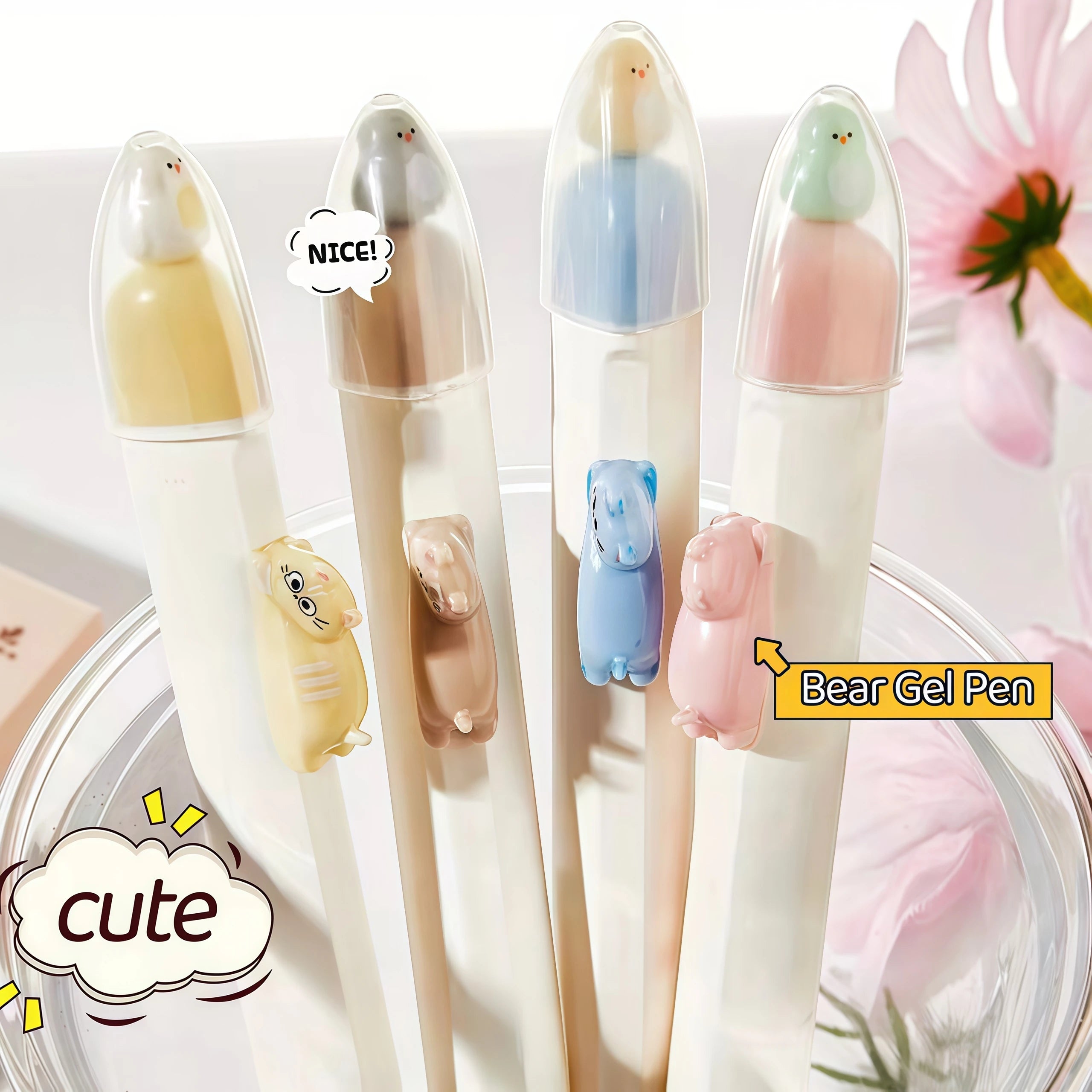 4pcs Cat and Bird Fun Animal Design Black Ink Gel Pens